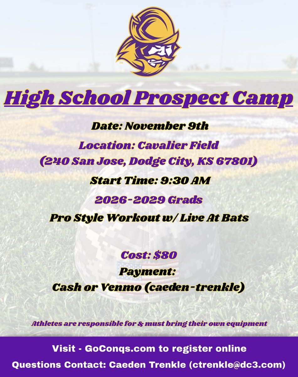 The Conqs High School Prospect Baseball Camp date is here! Great opportunity to get in front of our coaching staff and showcase your skills. 

Register online asap!