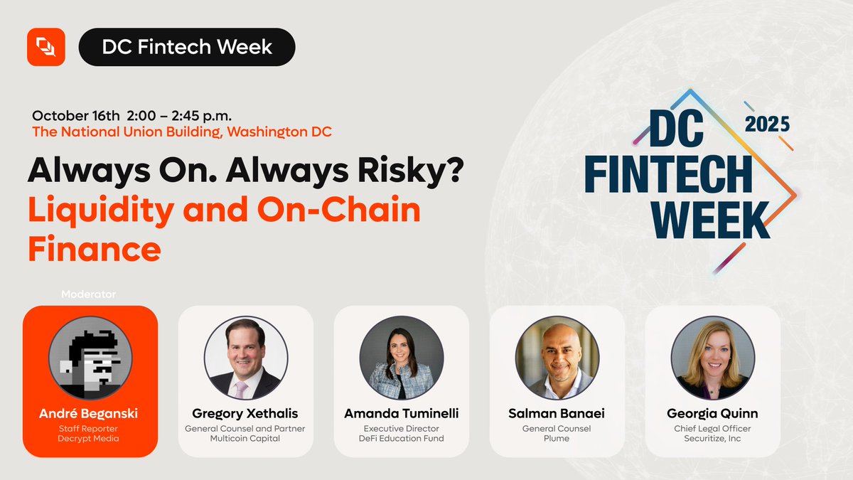 Plume (@plumenetwork) on Twitter photo Tomorrow at DC Fintech Week, our General Counsel <a href="/banamlas/">Salman Banaei</a> takes the stage to explore how decentralized systems can balance liquidity, transparency, and risk in 24/7 onchain markets. Tomorrow at DC Fintech Week, our General Counsel <a href="/banamlas/">Salman Banaei</a> takes the stage to explore how decentralized systems can balance liquidity, transparency, and risk in 24/7 onchain markets.