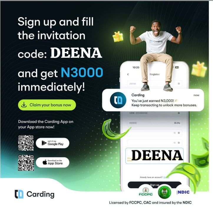 deenayaah's tweet image. 🎉 ₦3,000 Naira Giveaway!

How to claim:
1: Download Carding App(on playstore or iOS appstore)
2: Use Promo Code: DEENA
✅ You get ₦3,000 instantly
💰 Withdraw as Airtime or send to your Naira account.
📲 Playstore
play.google.com/store/apps/det…
📲 App Store
apps.apple.com/ng/app/carding……