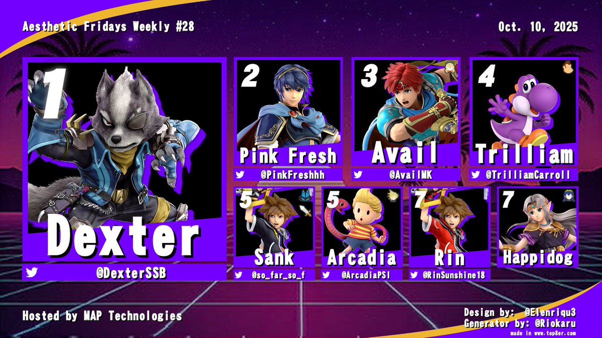 patchssb's tweet image. CONGRATS to the top finishers from Aesthetic Fridays #28!!
Come on back this week, when we're featuring our latest HALO 3 retro bracket!!
@DexterSSB @PinkFreshhh @AvailMK @trilliamcarroll @so_far_so_f @ArcadiaPSI @RinSunshine18