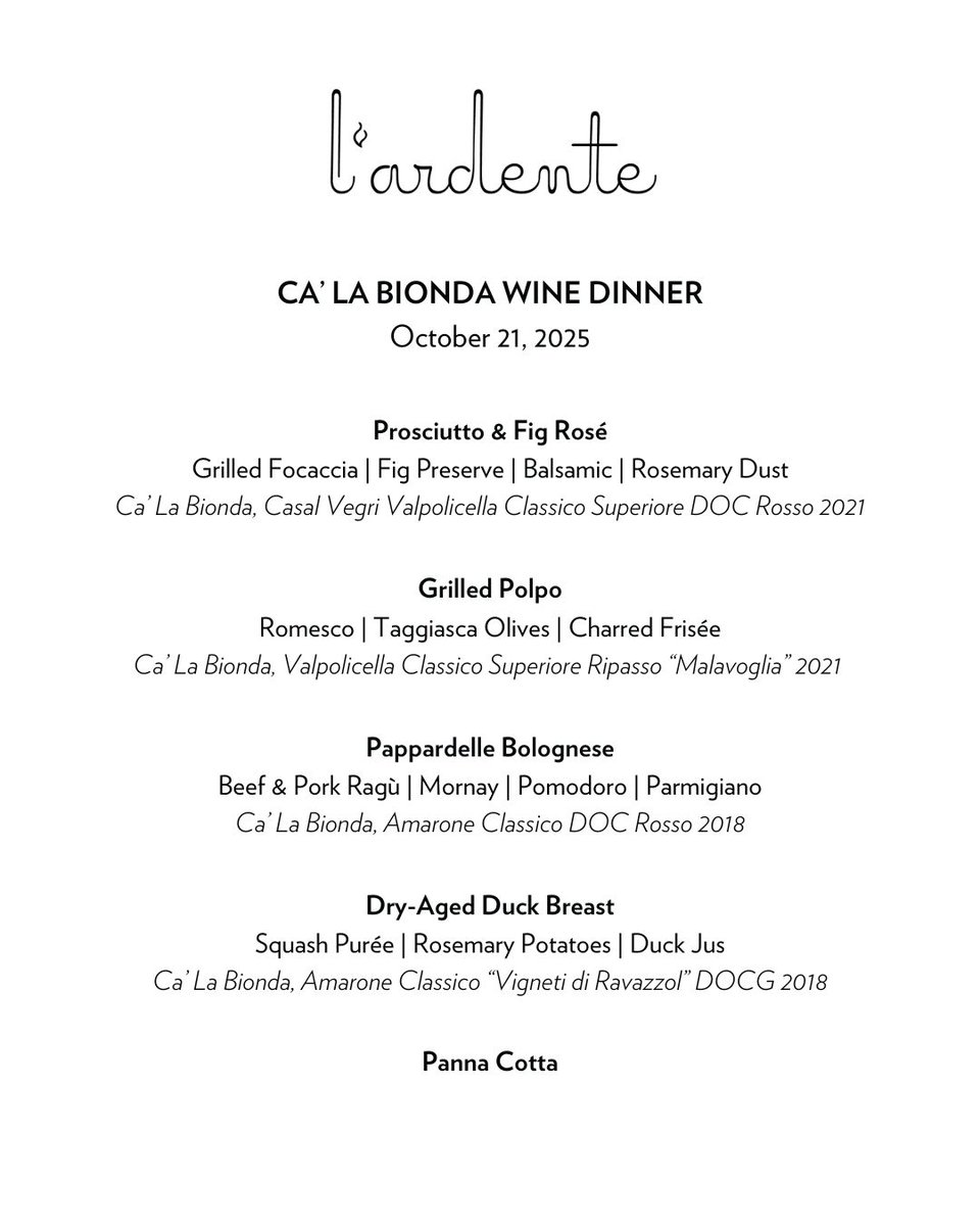 🍷✨ Meet the Winemaker
Join us Oct. 21 at 6:30 p.m. for an unforgettable wine dinner celebrating the vineyards and vintages of Ca’ La Bionda. Enjoy a multi-course menu paired with a guided tasting led by acclaimed winemaker Alessandro Castellani. Reserve on Resy.