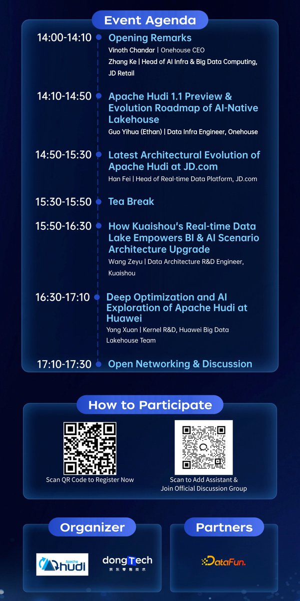 apachehudi's tweet image. 🚀 Big news for Hudi Community! We're back with the Apache Hudi Meetup | ASIA (Chinese), and this time we're hosted by the incredible team at @JD_Corporate
(京东) !
Get ready to explore the "Next-Generation Lakehouse: The Intelligent Future Engine".
We have a packed agenda…
