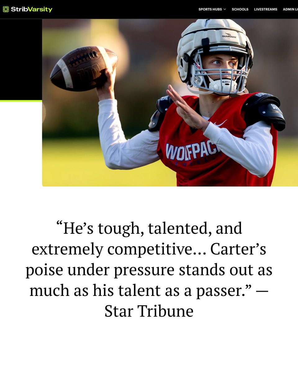 “I left that stadium saying, ‘For an eighth-grader, he looks so poised," Jalen Suggs told the Star Tribune about eighth grader Carter Cupito.

Read the full Star Tribune story on eighth grader and Wolfpack QB Carter Cupito: buff.ly/93EoYLJ 

#HighSchoolFootball