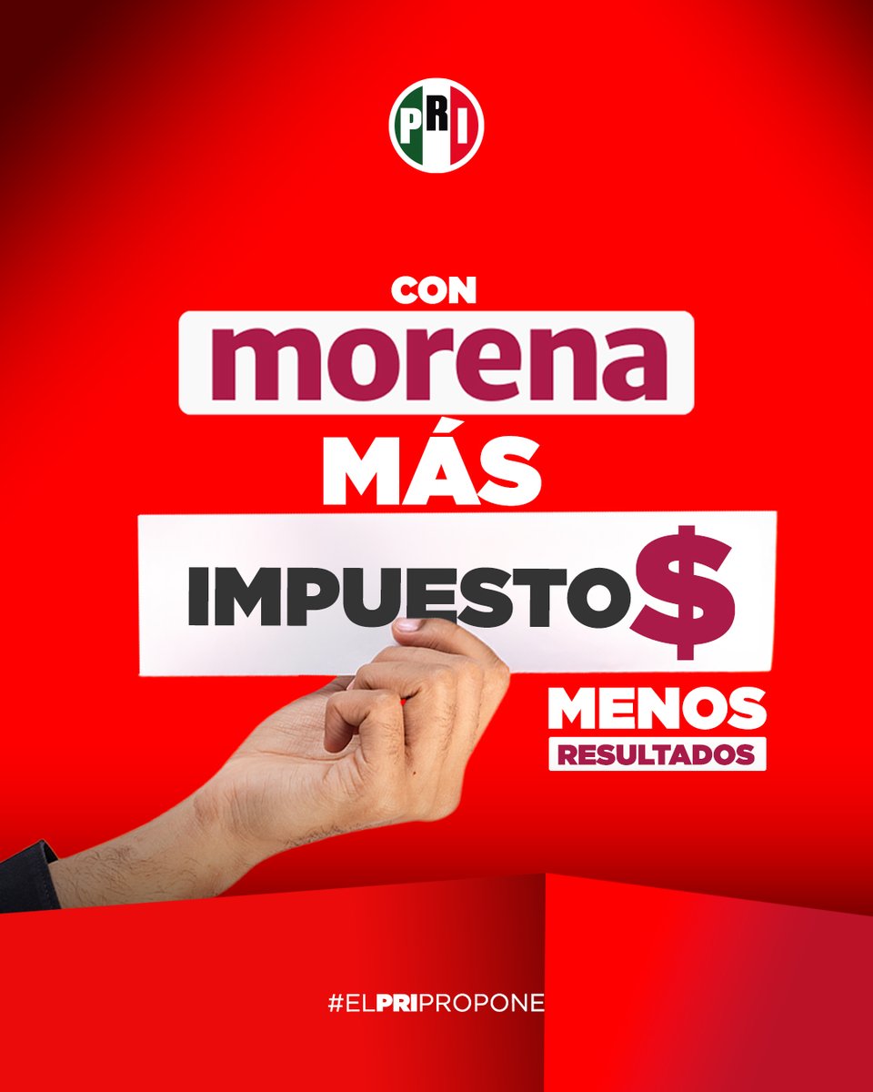 Morena te mintió: prometieron no subir impuestos ni crear nuevos. ¿Para qué quieren más dinero si fallan en dar #seguridad, #salud, #educación y obras de calidad?

Desde el PRI votaremos en CONTRA de este abuso.

#ConMorenaMásImpuestos