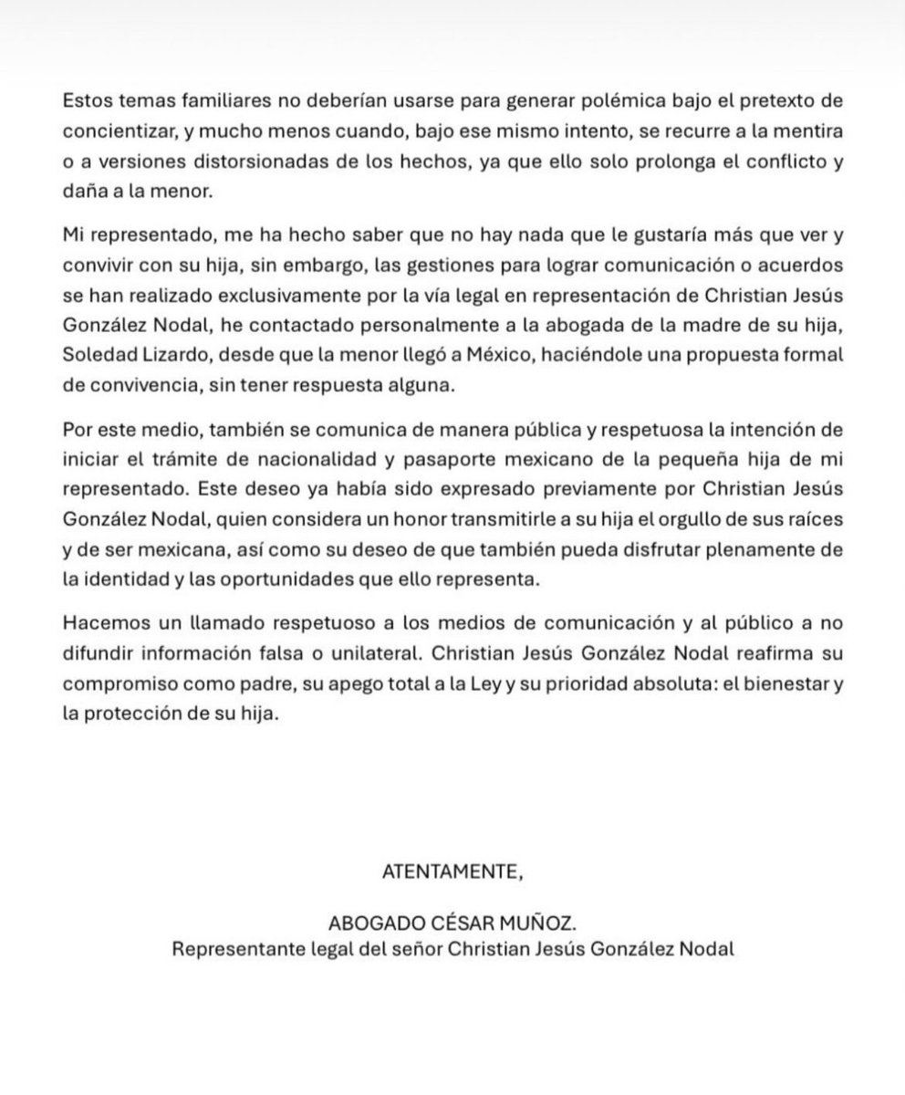 NodalEncantada's tweet photo. Comunicado del abogado de Christian Nodal en relación a su hija. https://t.co/4Dk2HQXba6