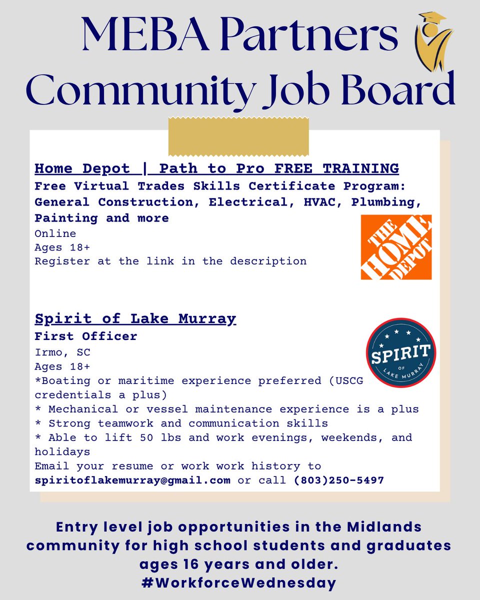 mebasc's tweet photo. Share entry-level career opportunities in the Midlands!
#WorkforceWednesday #creatingcareerconnections
@HomeDepotCareer @HomeDepot
Registration for FREE Courses: https://t.co/nCzx8ecWcN
Spirit of Lake Murray
Email resume to spiritoflakemurray@gmail.com or call (803)250-5497 https://t.co/A8JYTj8QMw