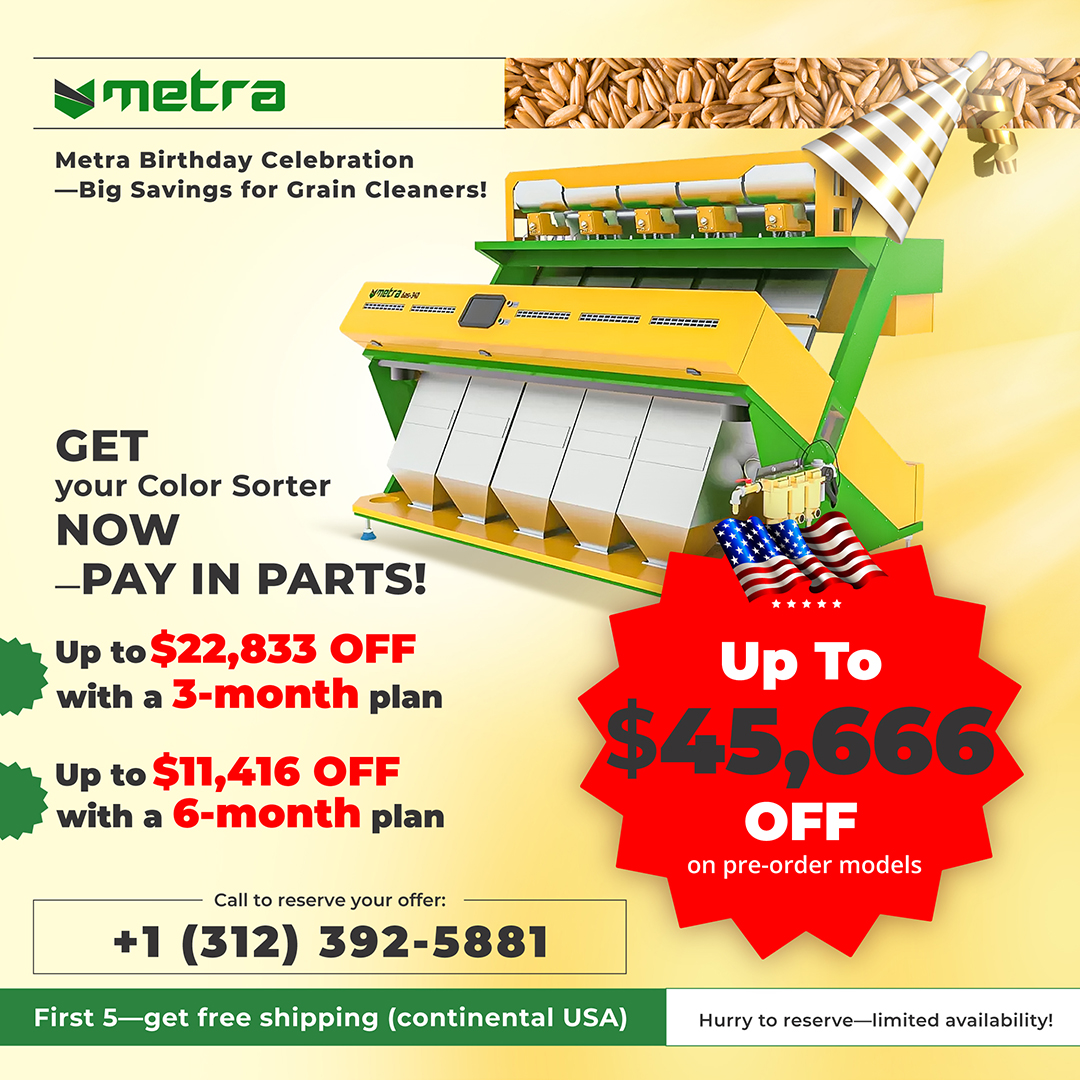 AlmazCleaner's tweet image. 🎉 Metra Birthday Sale! Save up to $22,833 on Color Sorters. 
Easy payments, free shipping for first 5 buyers (USA). Pre-order for 20% OFF! 
⏳ Hurry, models sell out fast! 
👉 Reserve now! #ColorSorter #MetraDiscounts