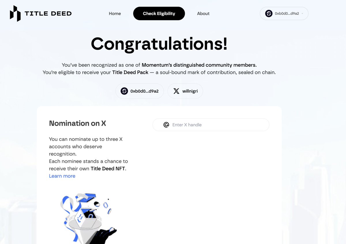 I just got recognized by <a href="/MMTFinance/">MomentumⓂ️Ⓜ️T</a> with a Title Deed Pack 🏆

"Momentum's distinguished community members" - honored to be included.

I have 3 nominations to give away. Each nominee gets a chance to receive their own Title Deed NFT.

Who in the #Sui community deserves