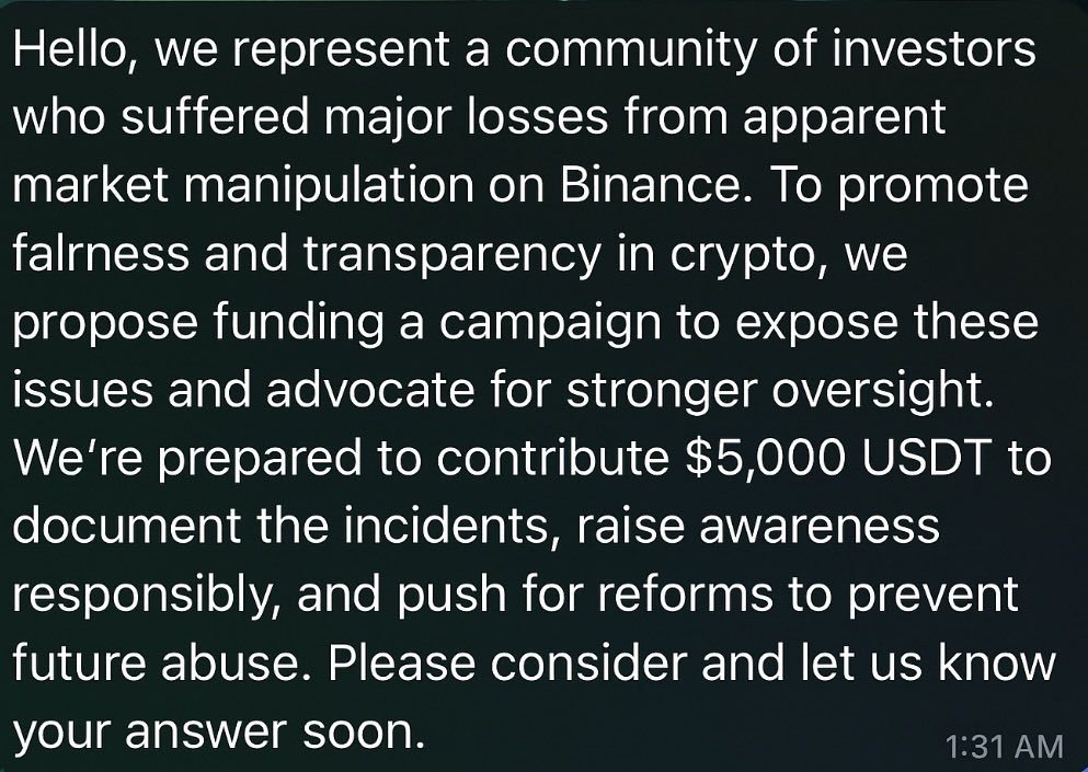 Wow!! I don't even have much followings and they want to pay me 5k USDT to support their fud😅

Thought it was a random scam msg at first but seems like a lotta KOLs been receiving these.

Publicizing it out of respect and appreciation for <a href="/binance/">Binance</a> and <a href="/cz_binance/">CZ 🔶 BNB</a>. They don't