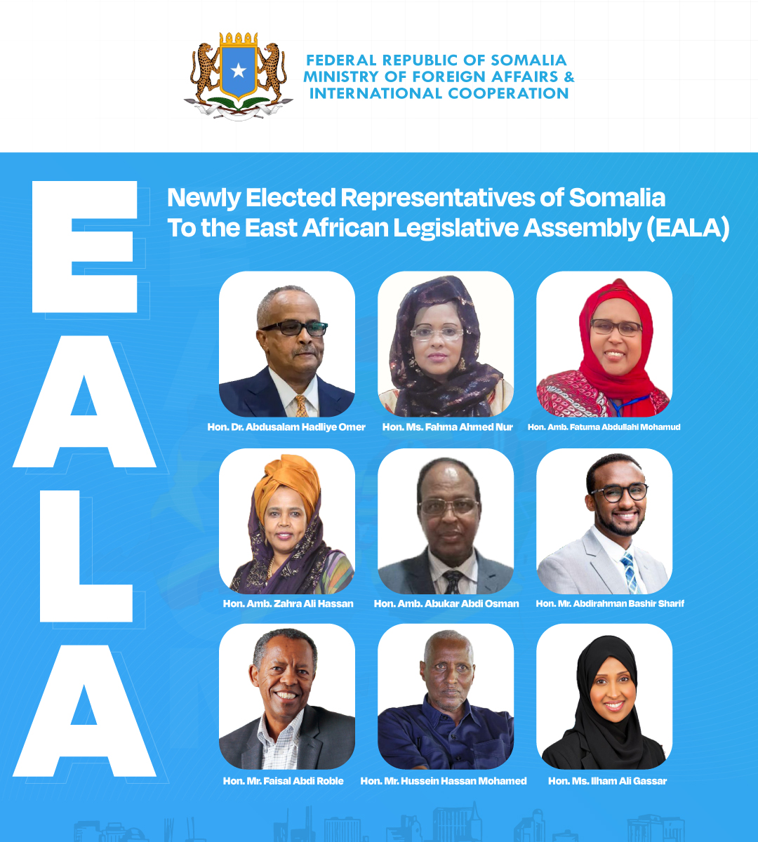 The Ministry of Foreign Affairs and International Cooperation extends its heartfelt congratulations to the newly elected Somali representatives to the East African Legislative Assembly (EALA). 🔗📷t.me/MofaSomalia/62… #Somalia #Somali #Mogadishu #EALA #EAC