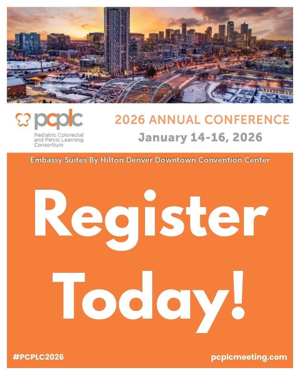 Have you registered yet for #PCPLC2026? Join us in Denver, Colorado to learn more about advancing pediatric colorectal and pelvic care.

Learn More + Secure Your Spot Now: pcplcmeeting.com 

@RebeccarenteaMD #pcplc #colorectalsurgery #pediatriccolorectal #pedsurg
