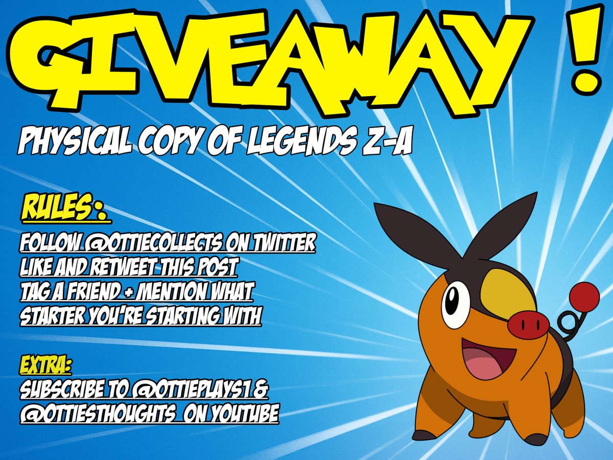 OttieCollects's tweet image. 🚨Legends Z-A Giveaway!🚨
I am giving away a free copy of Pokemon Legends Z-A! 
TO ENTER: 
- Follow me 
- Like and RT this post 
- Tag a friend + mention what starter you plan to start with 

EXTRAS: 
Sub to my youtube channel(s) for more content
yt/ottieplays1
yt/ottiesthoughts