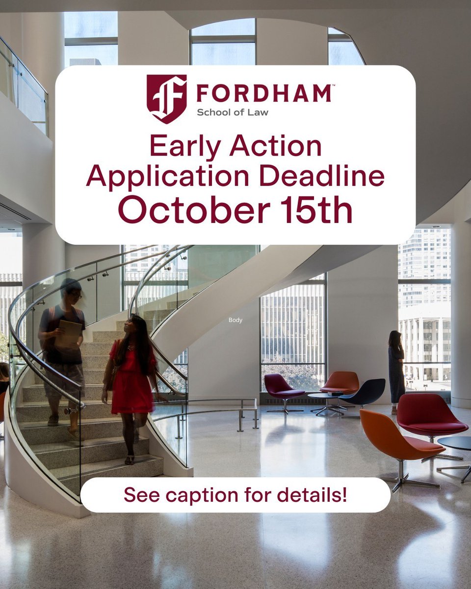 Our non-binding Early Action application deadline is today! Submit your application to Fordham Law's JD program by October 15th at 11:59PM Eastern time to receive a decision by December 15th. Questions? Reach out to us at lawadmissions@fordham.edu.
#LawSchool #NYC