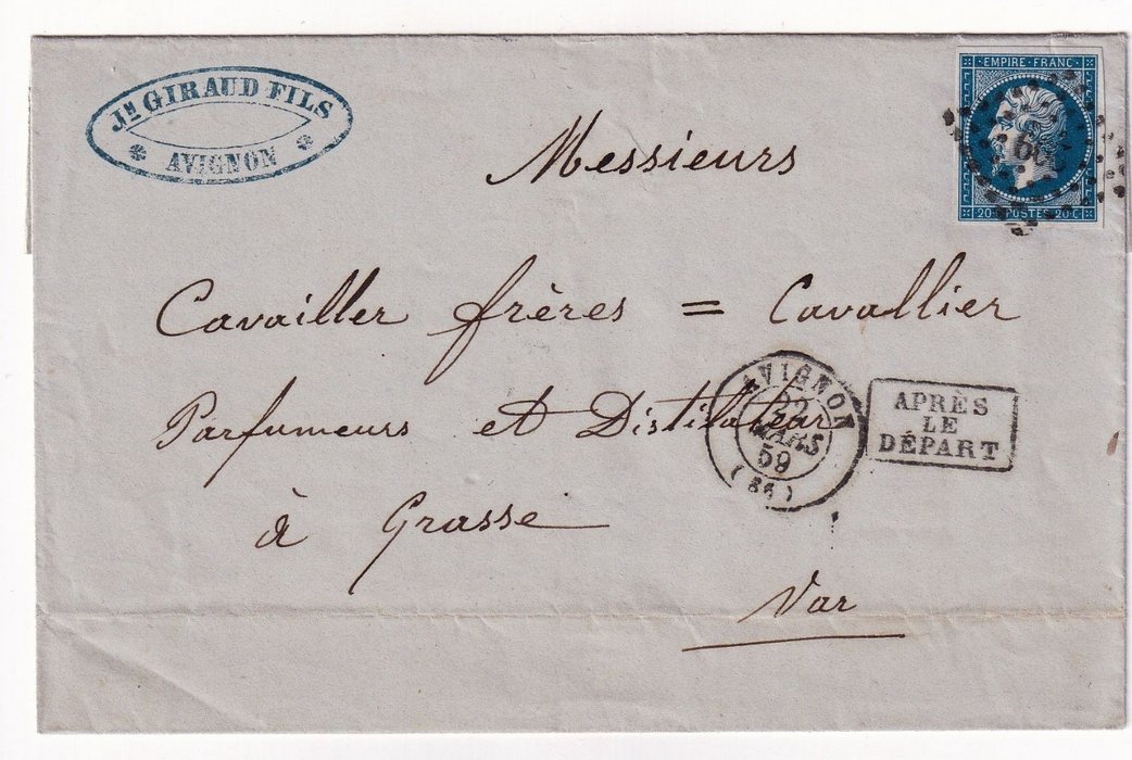 I am a letter sent 1859 from Avignon’s wine merchants to perfumers in Grasse.  I linked two Provencales worlds: wine and fragrance. Read more about my journey and marks: 👉bit.ly/3W3QZZk 
<a href="/lbigfoot/">Lawrence Fisher</a> <a href="/GaryLoew/">Gary Loew</a> <a href="/SLSSP1822US/">AB🇺🇸-Philately</a> <a href="/stampden/">Peter</a> <a href="/jmlynek/">Jack Mlynek 🇨🇦💉💉 💉 💉💉💉</a> <a href="/ForPhilately/">Philately for Future</a> <a href="/Philatelovely/">Philatelovely. John</a>
