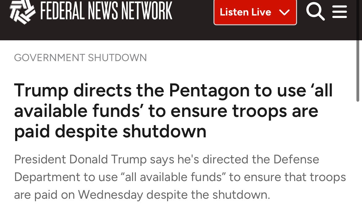 Incredible split screen right now: 

Senate Democrats vote a 9TH TIME to shut down the government, while President Trump moves to pay the troops.

Republicans deliver. Democrats obstruct.