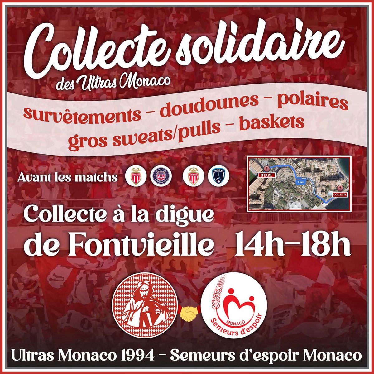 ULTRASMONACO94's tweet image. Les Ultras Monaco organisent une grande collecte de vêtements au profit de l’association Monégasque Semeurs d’Espoir. 1/3