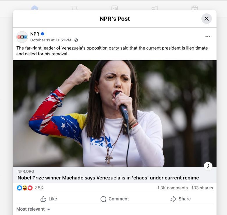 SenTedCruz's tweet image. Before NPR again asks why I cut their funding, they should scroll through their Facebook.

They’re intentionally smearing a Nobel Peace Prize winner and American ally by labeling her as “far right.”