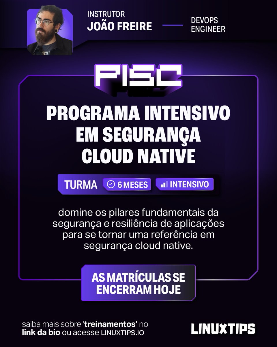 LINUXtipsBR's tweet image. 🚨Última chance de garantir sua vaga no PISC! Uma jornada intensiva de seis meses, com mais de 30h de conteúdo e simulados para você transformar sua visão sobre segurança na nuvem. Garanta sua vaga em linuxtips.io/pisc/