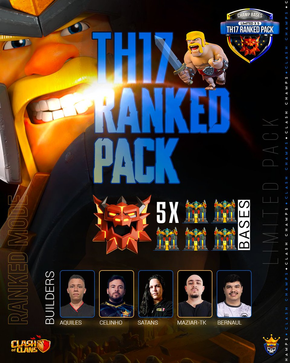 ⚔️ If you’re climbing Ranked, you need these bases!

NEW TH17 Ranked Pro Base Pack

🔥 Crafted by the BEST | Proven in Legends
💸 $49.95 | Only 5 packs live → clashchamps.com/product/th17-l…

😎 Play Ranked like a pro — or face one.