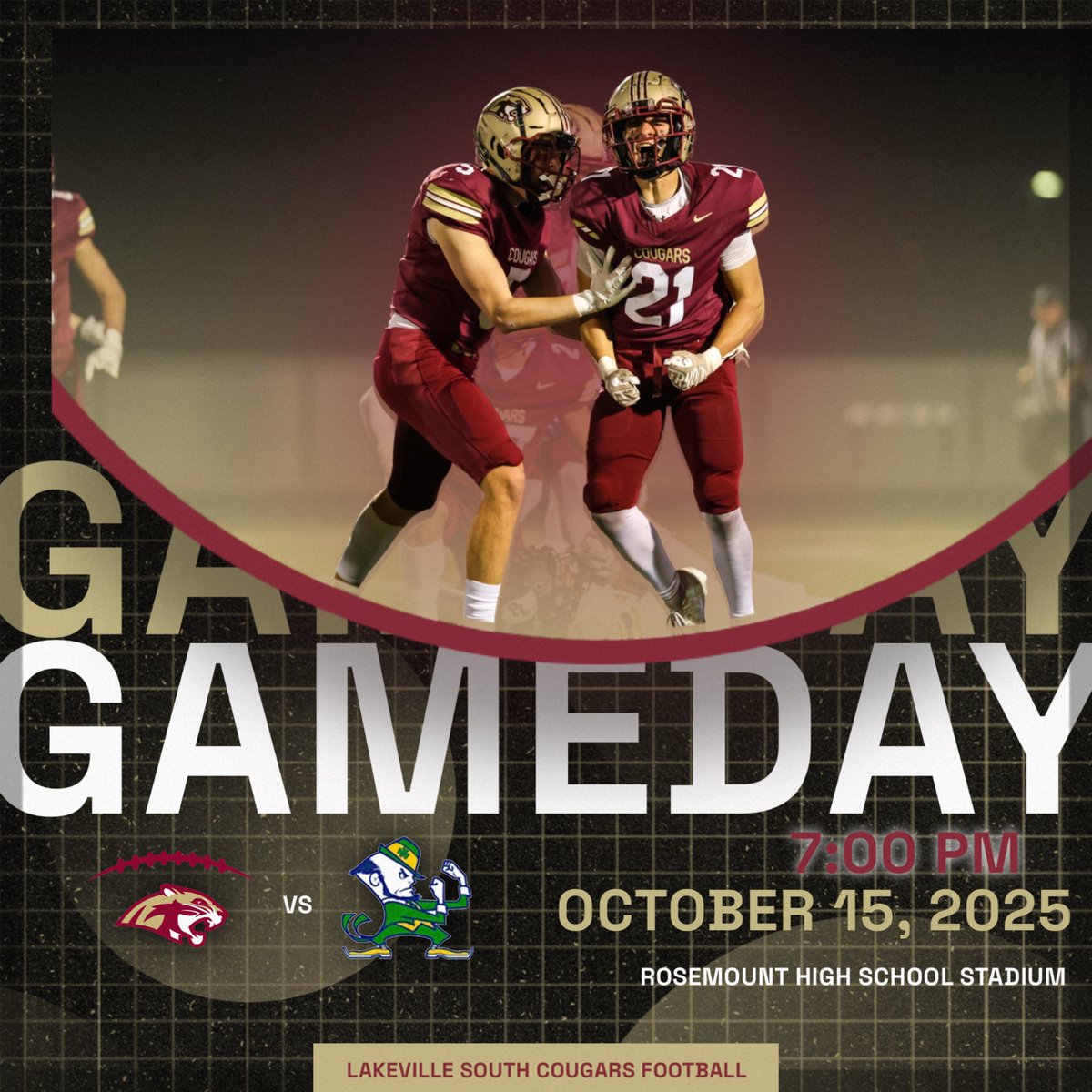ITS GAMEDAY!!! Join the cougars tonight for the battle for the number 1 section seed against the Rosemount Irish!  
📍Rosemount High School Stadium
🗓️Wednesday , October 15th | 7:00 PM
BE THERE!!  #rollcougars 

Link for tickets 🎟️: gofan.co/event/4132726u…