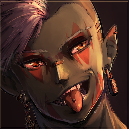 Half elf, half orc.  Made him while doodling and now I'm way too attached to him so get ready to get more art for him whenever I come up with a name >:3c