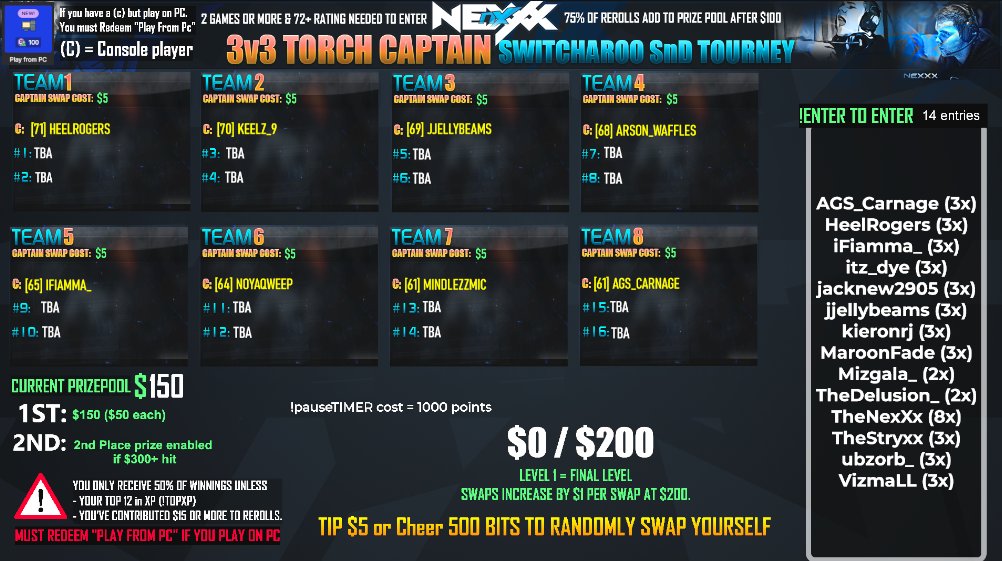 XBL_NexXx's tweet image. $150 3v3 SnD SWITCHAROO Tourney tomorrow
TO be eligible you must have 2 games played in the stream this season.

If you want a chance to play in tourney tomorrow, make sure you come to stream today &amp;amp; get your 2 games played in!

Live at 6:00 PM EST
twitch / thenexxx
