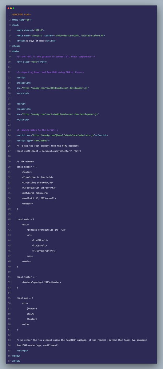 mubaraqabba's tweet image. Rendering JSX Elements in React
React applications are single-page apps with only one HTML file -> index.html
The root div element serves as the gateway connecting all React components to the DOM
Two Setup Approaches:
- CDN method (ideal for beginners)
- create-react-app…