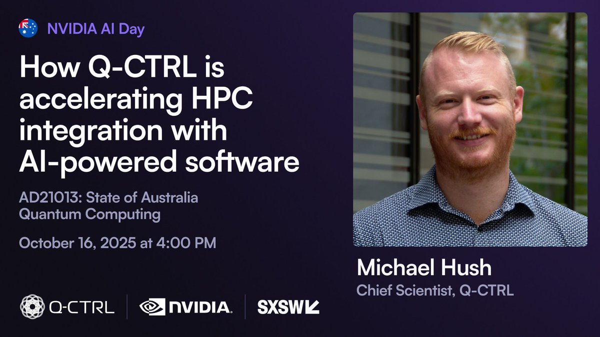qctrlHQ's tweet image. We look forward to connecting with you at @NVIDIA AI Day in Sydney today!
Our Chief Scientist will deliver a lightning talk on AI for Quantum: How Q-CTRL is Accelerating HPC Integration with AI-Powered Software.
#AI #QuantumComputing #NVIDIA #SXSW
buff.ly/5iYK4Ol