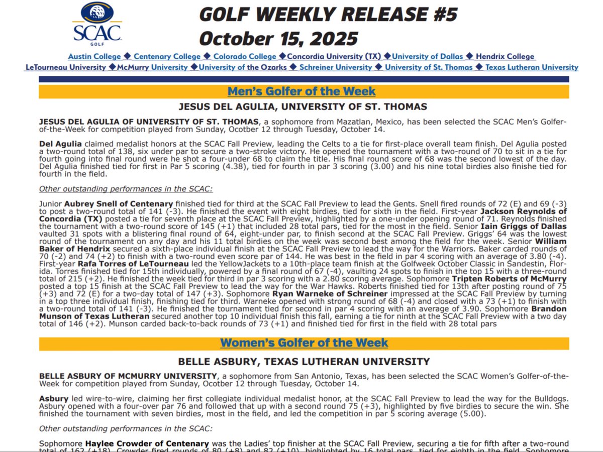 USTCeltsGolf's tweet image. Congratulations to Jesus Del Aguila on being named the SCAC Men’s Golfer of the Week. @USTCeltsGolf ⛳️🏌️‍♂️@USTAthletics @stthomashouston #GoCelts💪