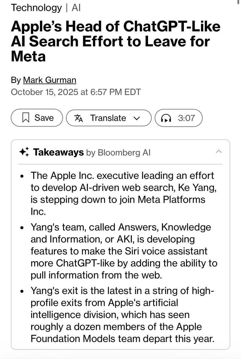 AskPerplexity's tweet image. BREAKING: Apple's AI Search Head Quits Weeks After Promotion, Joins Meta
Ke Yang—appointed just weeks ago as head of Apple's Answers, Knowledge and Information (AKI) team to spearhead ChatGPT-like AI search—is leaving for Meta Platforms Inc.
This marks the ~12th departure from…