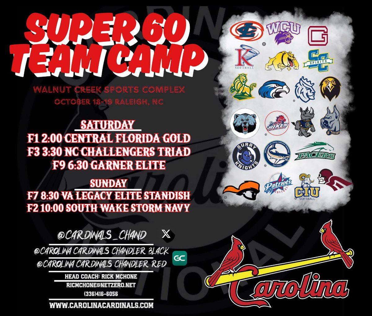 Excited to play in front of some great programs this weekend in Raleigh. <a href="/cardinals_chand/">Carolina Cardinals Chandler</a> <a href="/jonas_cardinals/">Carolina Cardinals Chandler / Coach Jonas</a> <a href="/CatamountSB/">Western Carolina Softball</a> <a href="/CIURamsSoftball/">CIU Rams Softball</a> 
<a href="/fmu_softball/">FMU Softball</a> <a href="/ElonSoftball/">Elon Softball</a> <a href="/uscasoftball/">USCA Softball</a> 
<a href="/GCRhinosSB/">Gaston College Softball</a> <a href="/coach_vallee/">Coach Vallee</a> <a href="/RoyalsSball/">Queens Softball</a> <a href="/VWUSOFTBALL/">Va Wesleyan Softball</a>