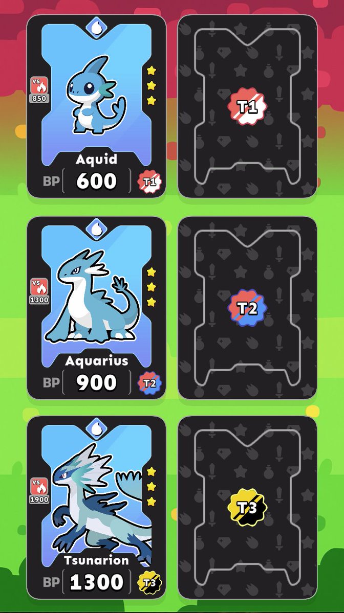 TamersGameDev's tweet image. 💧 Working on my monster card game!
Each card shows:
🔹 Type (top)
🔹 Effect (left)
🔹 Rarity (right)
🔹 Tier (bottom right)
🔹 Name & BP (bottom)
Example line: Aquid → Aquarius → Tsunarion 🌊
Each evolution = higher tier (T1–T3)
#cardgamedevelopment #indiedev #gamedev