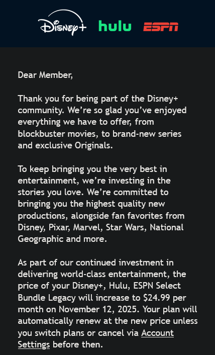 What the fuck are you clowns doing? <a href="/DisneyPlus/">Disney+</a> You're increasing the price again only after increasing it last month? Are you assholes purposely trying to lose more customers? I don't see a reason to keep this service anymore.