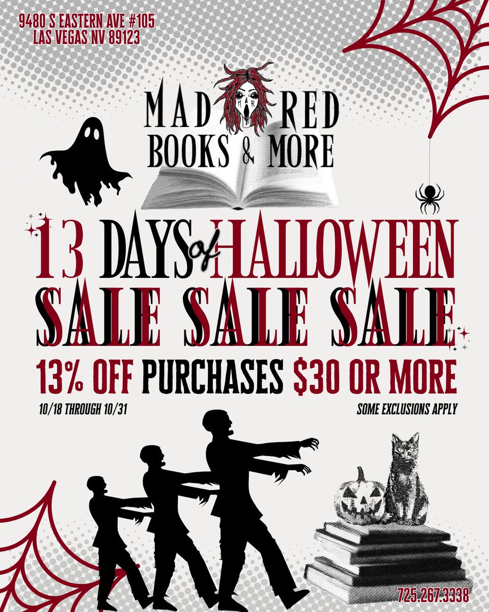 MadRedBooks's tweet photo. We're counting down the days until Halloween with a sale! Starting this Saturday and lasting until Halloween Day, enjoy 13% off purchases of $30 or more.

Want to dive into savings sooner? Visit us 1st on the Vegas Indie Book Crawl starting tomorrow to receive 13% off a day early https://t.co/KrCnsGCGBD