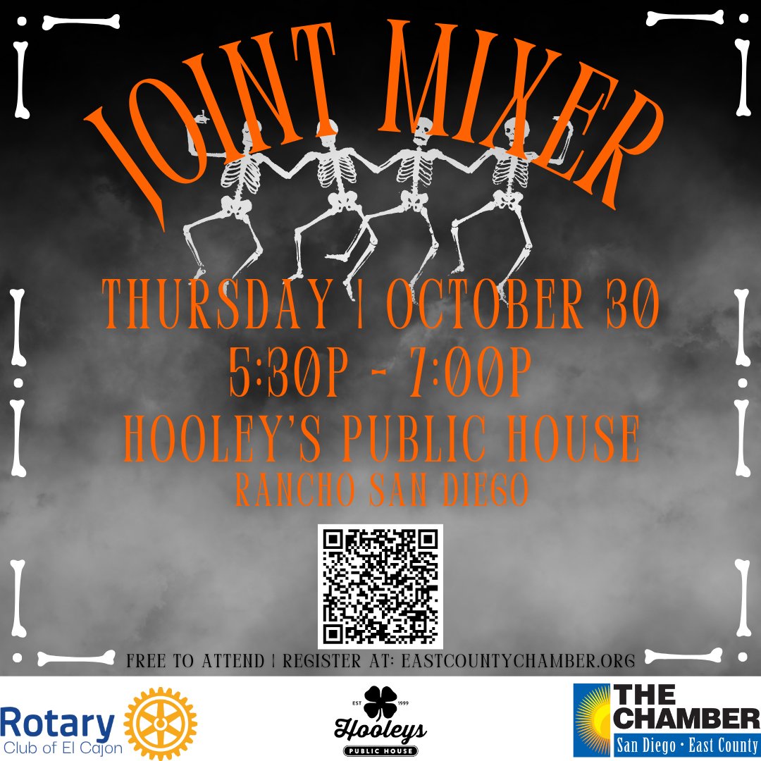 sdeccc's tweet image. Join us! To close out the month, we will be having a Joint Mixer with Rotary of El Cajon and Hooley's Rancho San Diego! Don't miss this networking opportunity! 👻
RSVP: ow.ly/v4ny50Xbt7g
#SDECCC #SanDiegoNetworking #SanDiegoEvents #EastCountySanDiego #ChamberSuppport