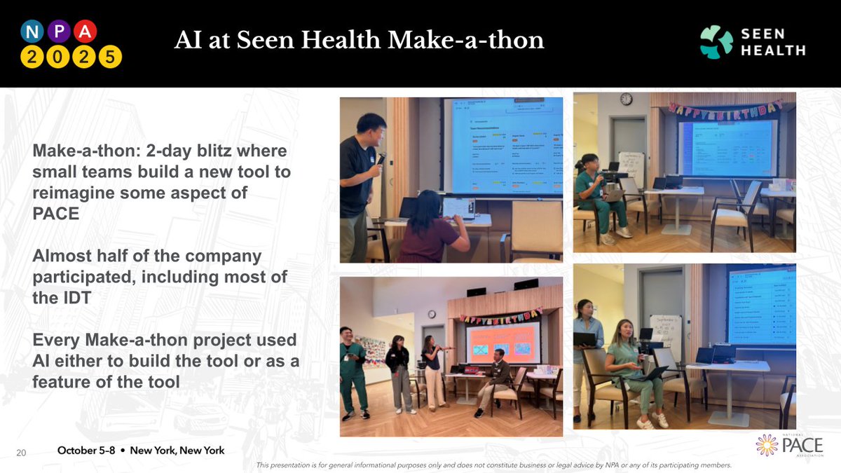 SeenHealth's tweet photo. 🚀 Seen Health showcases AI-native PACE care at 2025 NPA Conference 🎉

The Seen Health team shared how our AI-native approach is transforming care planning, delivery, and measurement at last week's National PACE Association conference. We joined 1300+ PACE leaders in NYC to showcase our learnings and a glimpse of the future.

Across five sessions, we demonstrated what's possible when you combine PACE's unique advantages – interdisciplinary care, full risk alignment, dedicated facilities – with world-class technology. Orbit, our AI-native operating system, isn't just digitizing workflows but reimagining care delivery.

"You guys are so far out there, in a way that no one in PACE is." - Dr. Lo Fu Tan, San Diego PACE CMO

🤖 AI & Automation: We're deploying agents across every department: managing leads for Outreach, running analytics for Operations, verifying medications for Nursing. We spotlighted our make-a-thon empowering frontline staff to prototype AI solutions in hours, and even live-coded a referral management tool on stage.
🏠 Home Care Optimization: Our PCP and OT demoed integrated workflows calculating home care hours in real-time, lightening the load for families and coordinators while optimizing utilization.

👥 Multiplayer IDT: Our Center Director showed reimagined IDT meetings: teams collaborate live on shared "desks", with notes flowing to patient charts and team inboxes. 90-minute huddles now take 15 minutes.

📚 Startups Lessons: Nine months after opening, our rapid growth is supported by AI agents that cross-check CMS submissions, automate PMPM mapping, and catch revenue leakage. These automations help us focus on what matters most.

🌏 Community Care: Seen Health reflects the community we serve: Mandarin/Cantonese speaking staff, familiar meals, and care honoring family involvement without overburdening caregivers.

The opportunity is massive. PACE serves 85,000 seniors today but can serve millions more. We're proving technology can scale quality care without losing humanity.

Grateful to the NPA community for its collaborative spirit. See you in Denver in 2026! 🏔️

#SeenHealth #SeniorCare #HealthcareInnovation #PACE #AgingAtHome #NPA #SanGabrielValley #CommunityDrivenCare #AINativeClinic