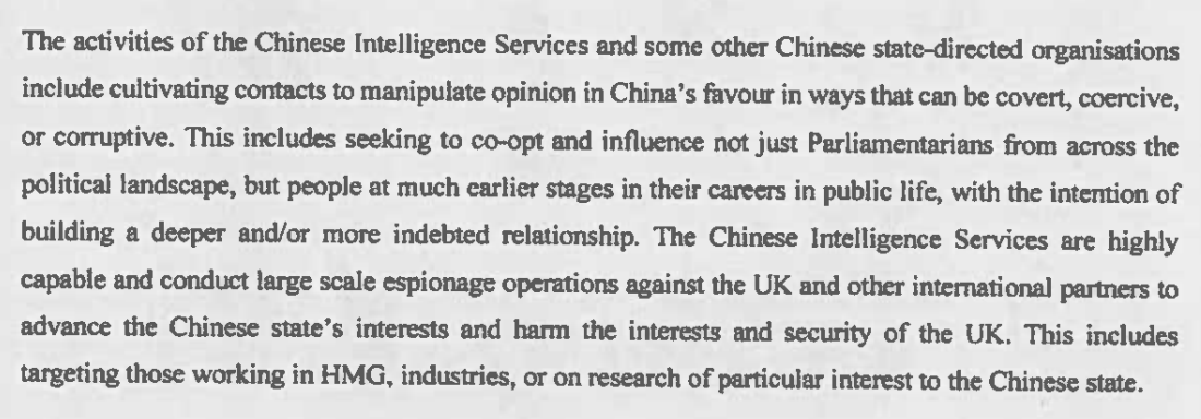 The gov't has published three witness statements by Matt Collins, the DNSA.

This (left) is from the third and strongest of them. It clearly sets out how Chinese espionage operations are a threat to the UK and gives specific evidence of that from 2021-23 (the time of the alleged