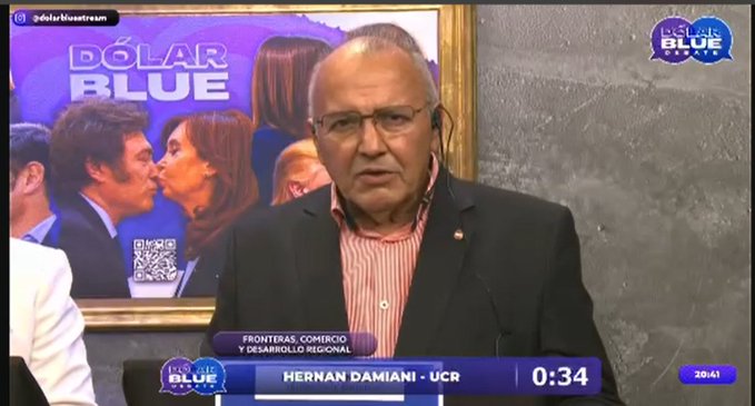 Screenshot from a streaming debate video featuring Hernán Damiani a middle-aged man with glasses wearing a dark suit red striped shirt and headset sitting at a table with microphone speaking seriously other panelists including a woman in white blouse and man in suit visible in background blue Dólar Blue logo and Frentes y Fronteras text overlay on screen lower third labels Hernán Damiani UCR and time stamp 0:34 gray wall backdrop with framed image