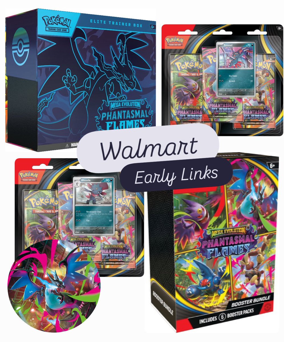 Walmart may be dropping Pokemon TCG Phantasmal Flames tonight at 6PM PT! Here's your early links in case they do ~

   Plus ~ fnkpp.com/WMPlus
   ETB ~ fnkpp.com/WPFETB
   BB ~ fnkpp.com/WPFBB
   Blis ~ fnkpp.com/WPFBlis
   UPC ~