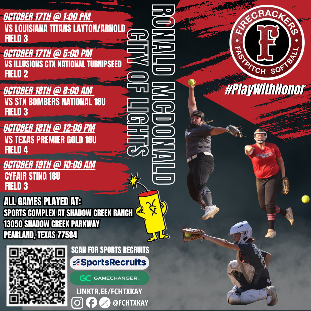 Payton Spurgin (@paytonspurgin20) on Twitter photo My Firecrackers HTX Kay 18u team and I will be competing in the City of Lights Division of the Ronald McDonald tournament this weekend at Shadow Creek Ranch in Pearland. My Firecrackers HTX Kay 18u team and I will be competing in the City of Lights Division of the Ronald McDonald tournament this weekend at Shadow Creek Ranch in Pearland.