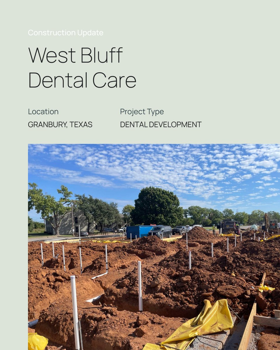 APEXDB's tweet image. Progress continues at @westbluffdentalcare in Texas! 👷‍♂️  Underground plumbing roughs are now complete, marking another important milestone in the early stages of construction.  

#ApexDesignBuild #TexasConstruction #DentalDevelopment #MedicalDesign #GroundUpConstruction