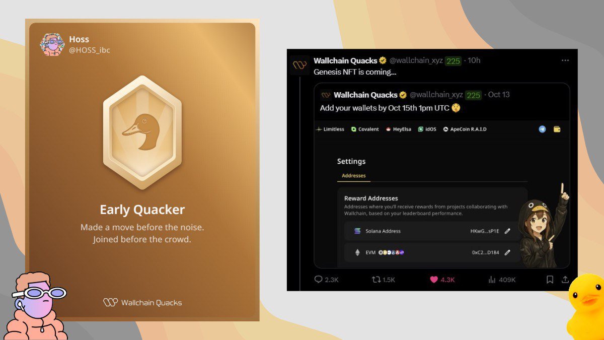 HOSS_ibc's tweet image. Do you have the early Quacker Badge? 🤔
If so, you are about to eat well since the
@wallchain_xyz Genesis NFTs are coming soon
STAY CLICKING AND QUACKING
Lets get this money