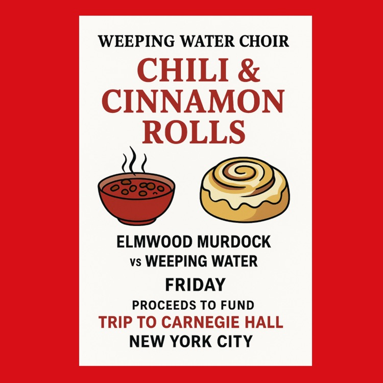 For those coming Friday to the football game we would like to welcome you to enjoy some supper as well! Our choir will be serving chili and cinnamon rolls that will benefit them heading to sing at Carnegie Hall this Summer. 🙂