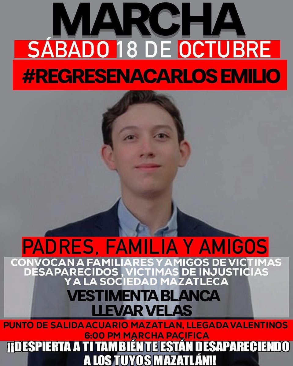 🔵 #Mazatlán|• La familia de Carlos Emilio convoca a una marcha, pero ahora en Mazatlán, Sinaloa.
Su madre, Brenda Valenzuela, subió hace unos minutos a su Facebook lo siguiente:

✅ “Queridos amigos, familiares, madres, padres, hermanos, hijos y sociedad en general, 
Con el