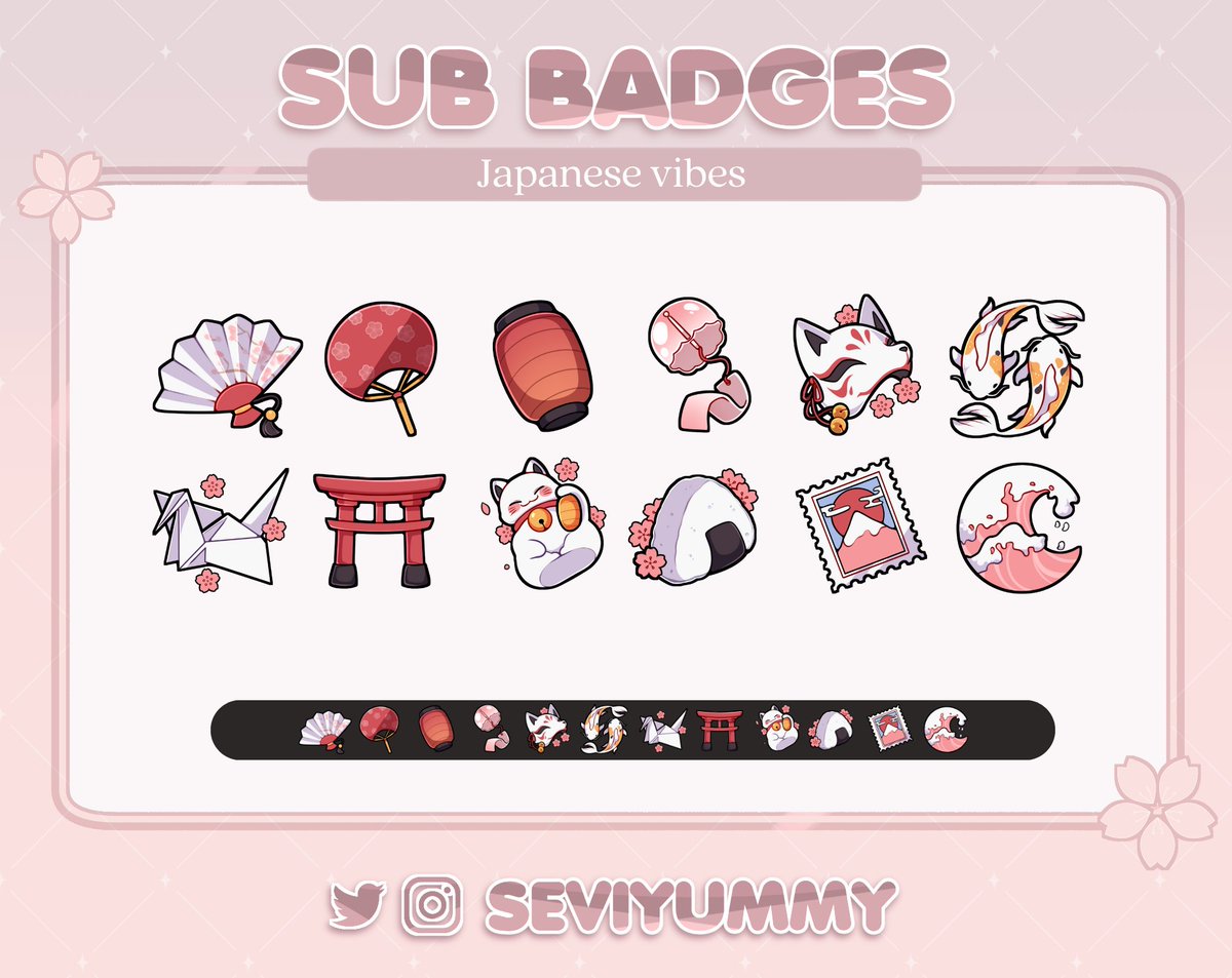 ✨  Japanese vibes Badges for Twitch  ✨

🌸 $10 usd the whole set 🌸

You can find this one and more here:
✨ etsy.com/shop/SeviYummy
✨ ko-fi.com/seviyummy/shop