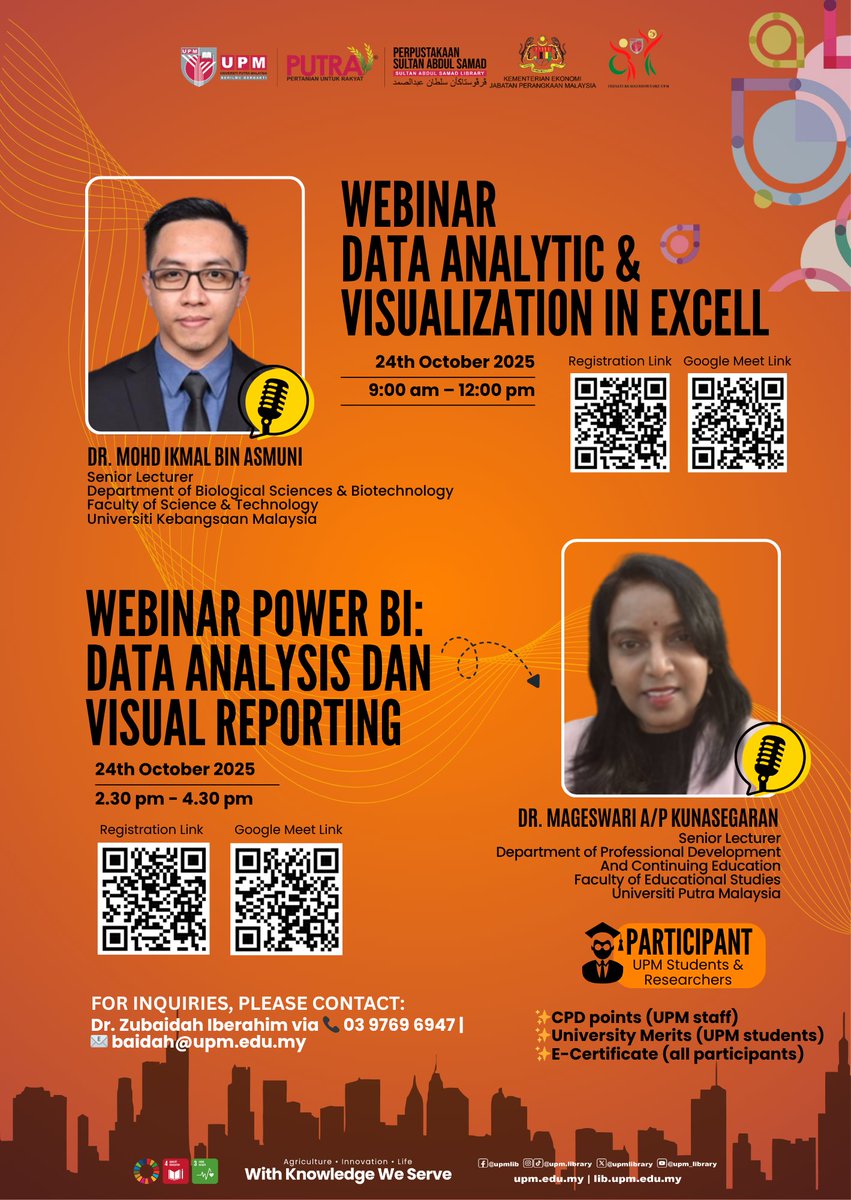 UPMLibrary's tweet image. Webinar Data Analytic &amp;amp; Visualization Training Sessions

Session 1: Webinar Data Analytic &amp;amp; Visualization in Excel

Session 2: Webinar Power BI – Data Analysis &amp;amp; Visual Reporting

#UPMKnowledgeHub
#PSASKnowledgeHub
#DiscoverPSAS
#UPMLibrary
#UniversitiPutraMalaysia
#UPM