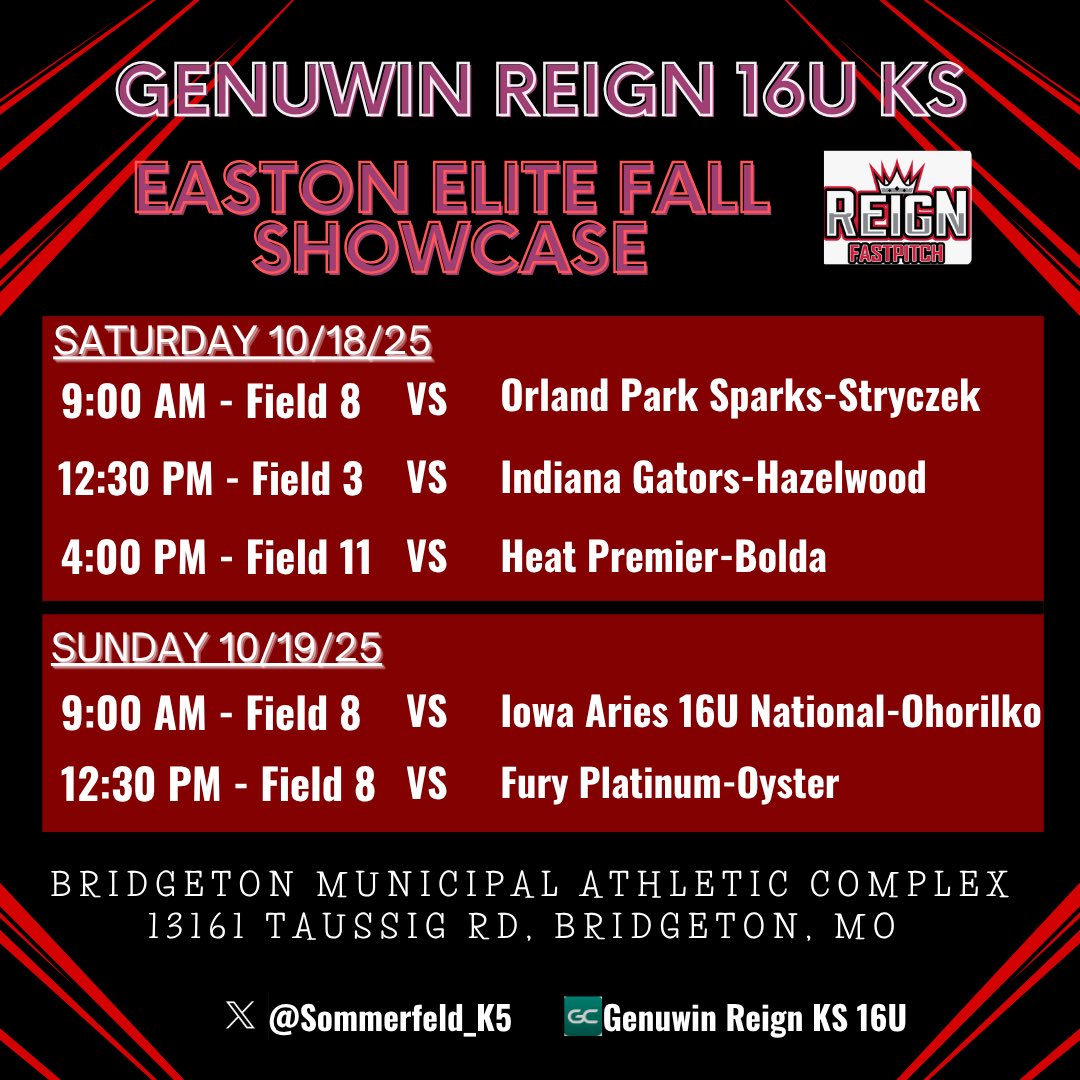 🚨Schedule Drop🚨Up next Easton Elite fall showcase!! 

<a href="/GenuWinReign/">GenuWin Reign</a> <a href="/sommerfeld_K5/">Genuwin Reign 16U KS</a> <a href="/ExtraInningSB/">EXTRA INNING SOFTBALL</a> <a href="/tagupSoftball/">tagup</a>