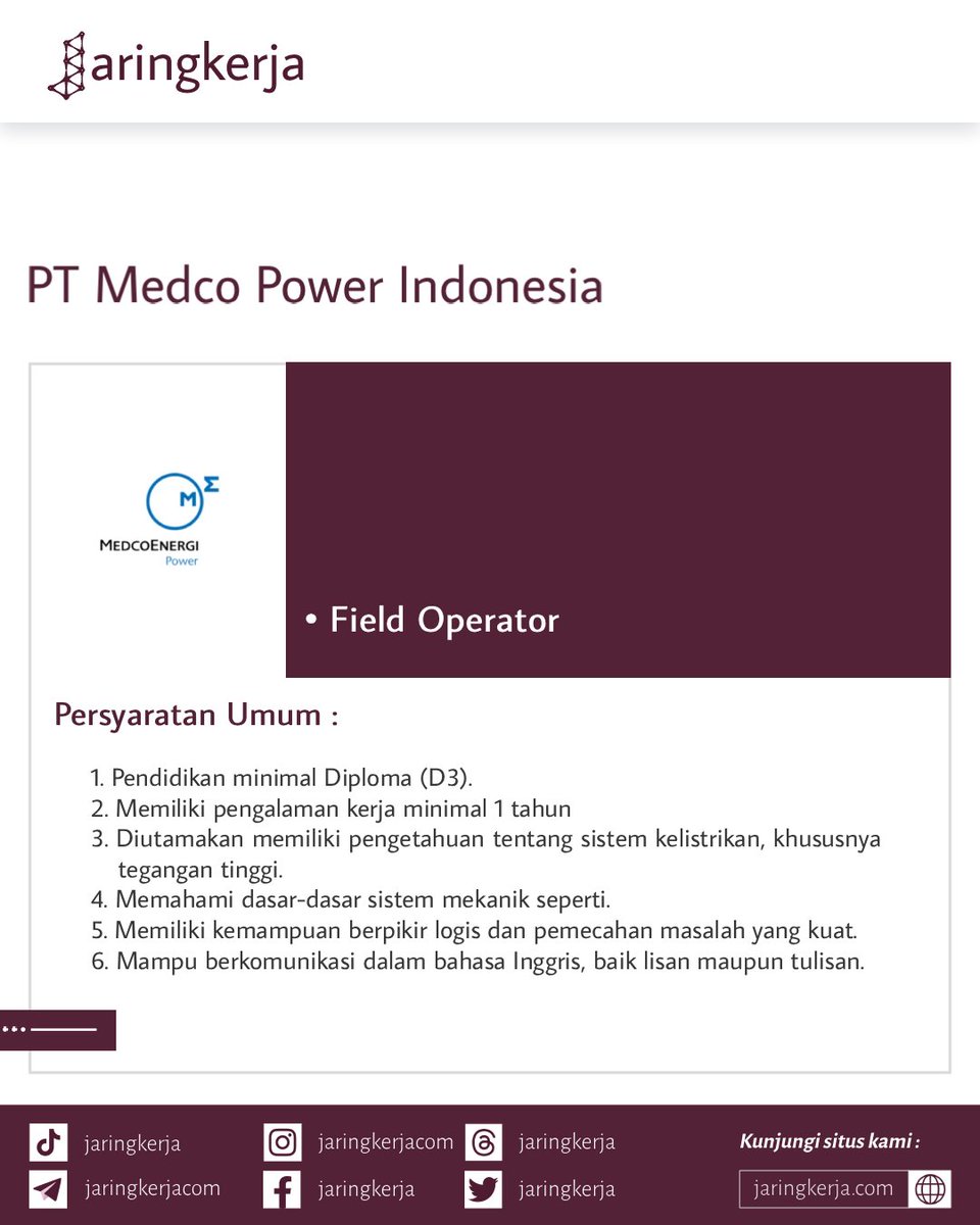 jaringkerja's tweet photo. Lowongan PT Medco Power Indonesia

Selengkapnya lihat : https://t.co/ANmKbH9sPL

#jaringkerja #loker2025 #lokerindonesia #lokerterbaru #infoloker #lokerteknik #fieldoperator #MedcoPowerIndonesia #karirteknik #lokerenergi #engineeringjobs https://t.co/HlArCWGbsB