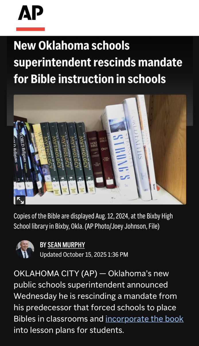 cwebbonline's tweet image. Finally, some common sense from Oklahoma education.
Ryan Walters turned classrooms into culture war battlegrounds. Reversing his Bible mandate isn’t “anti-religion,” it’s accepting the fact that the Bible is not a history book!
Schools should teach, not preach.