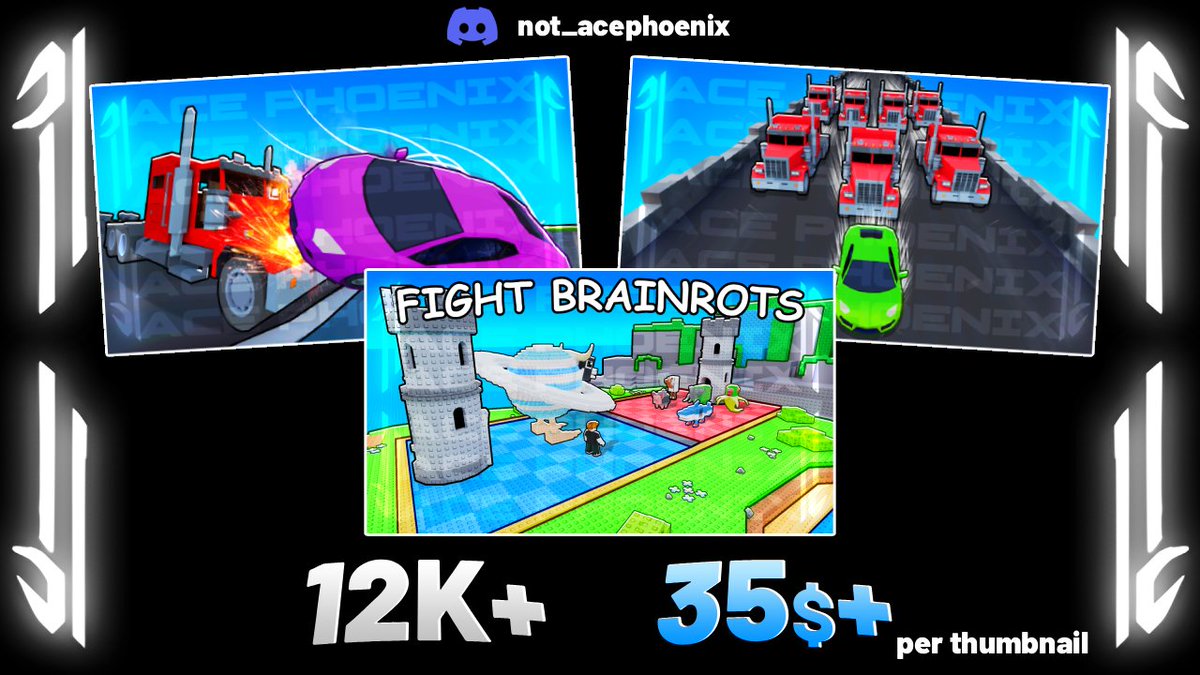 AceOfficialxX's tweet image. Escape the Truck & Fight a Brainrot!
Order eye-catching designs with HIGH CTR and QPTR!
Likes and RTs appreciated ♥️& 📷
#Roblox #RobloxDev #RobloxThumbnails #HighCTR #Thumbnails #RobloxArt #ROBLOX #QTPR